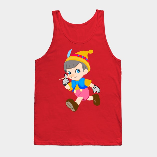 Drawing of a boy dressed like the cartoon Pinocchio, running fun. Tank Top by zinfulljourney